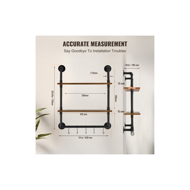 Seinälle asennettava 2-tasoinen putkihylly metallirunko ja puulevyt