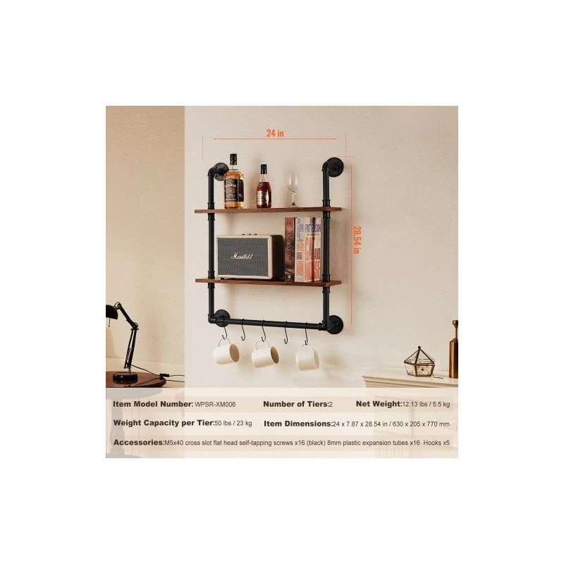 Seinälle asennettava 2-tasoinen putkihylly metallirunko ja puulevyt