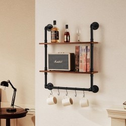 Seinälle asennettava 2-tasoinen putkihylly metallirunko ja puulevyt