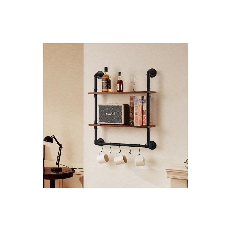 Seinälle asennettava 2-tasoinen putkihylly metallirunko ja puulevyt