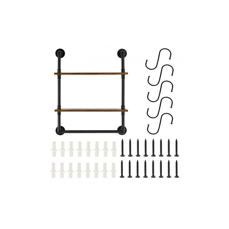 Seinälle asennettava 2-tasoinen putkihylly metallirunko ja puulevyt