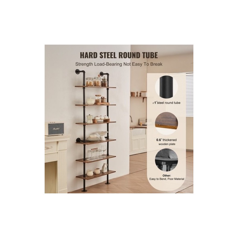 Seinään kiinnitettävä hylly galvanoitu teräsrunko P2-levyhyllyt 6 tasoa 610x255x2120 mm