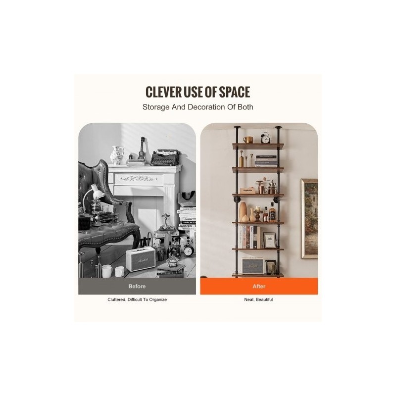 Seinään kiinnitettävä hylly galvanoitu teräsrunko P2-levyhyllyt 6 tasoa 610x255x2120 mm