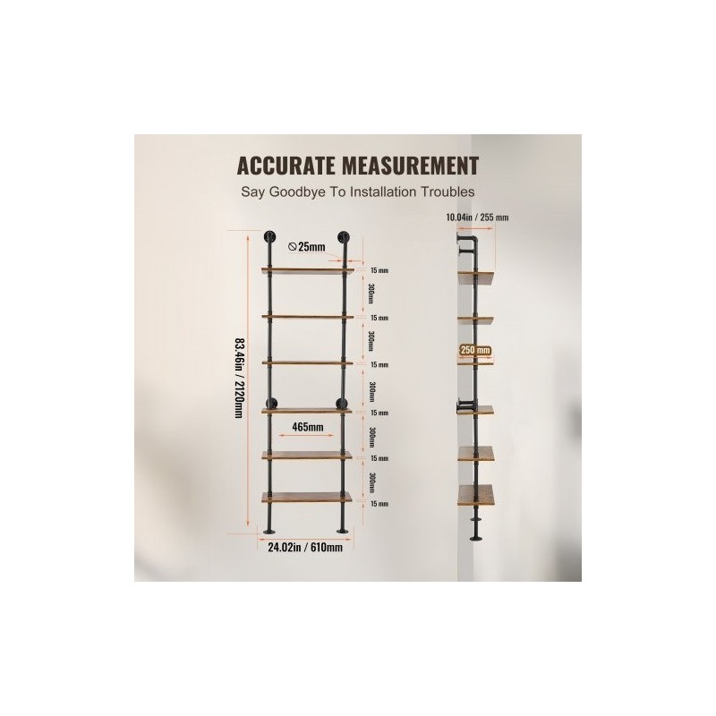 Seinään kiinnitettävä hylly galvanoitu teräsrunko P2-levyhyllyt 6 tasoa 610x255x2120 mm