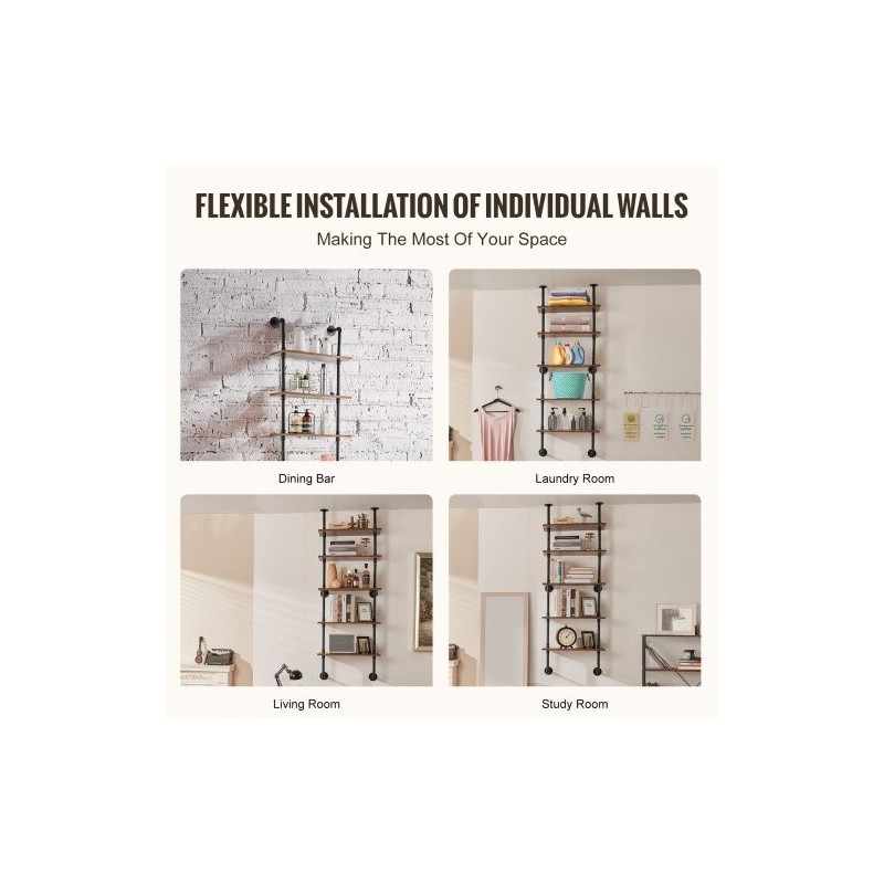 Seinään kiinnitettävä metallinen putkihylly 5 tasoa 610x250 mm teräsrunko