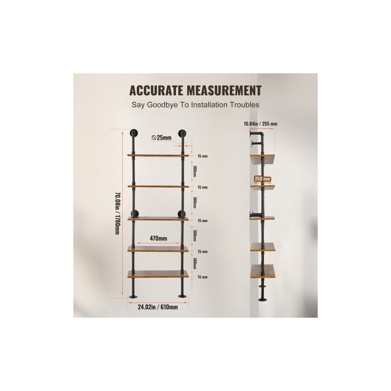 Seinään kiinnitettävä metallinen putkihylly 5 tasoa 610x250 mm teräsrunko
