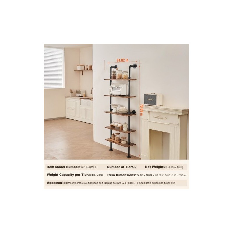 Seinään kiinnitettävä metallinen putkihylly 5 tasoa 610x250 mm teräsrunko