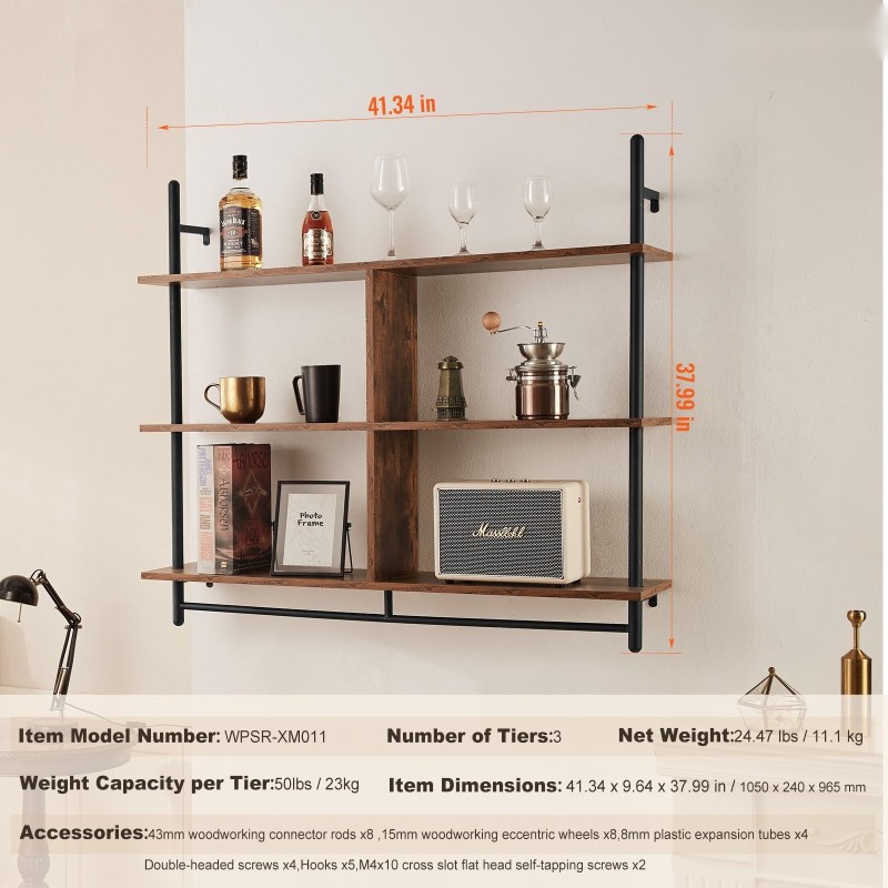 Seinähylly 3-tasoinen teräsrunko P2-levytaso 1050 x 240 mm ripustustangolla musta