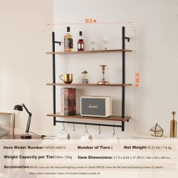 Seinähylly 3-tasoinen puu ja teräs vintage-sävyinen mustilla putkilla ripustustangolla