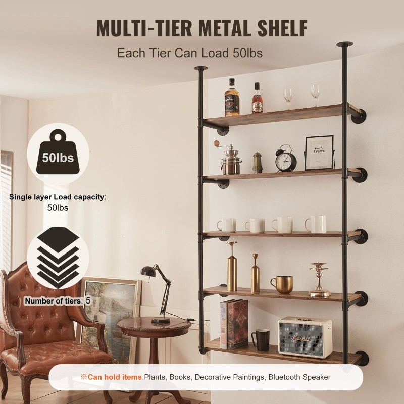 Seinäkiinnitteinen teräsputkihylly viisi tasoa kaksi runkoa kolmesataa millimetriä leveille hyllylevyille