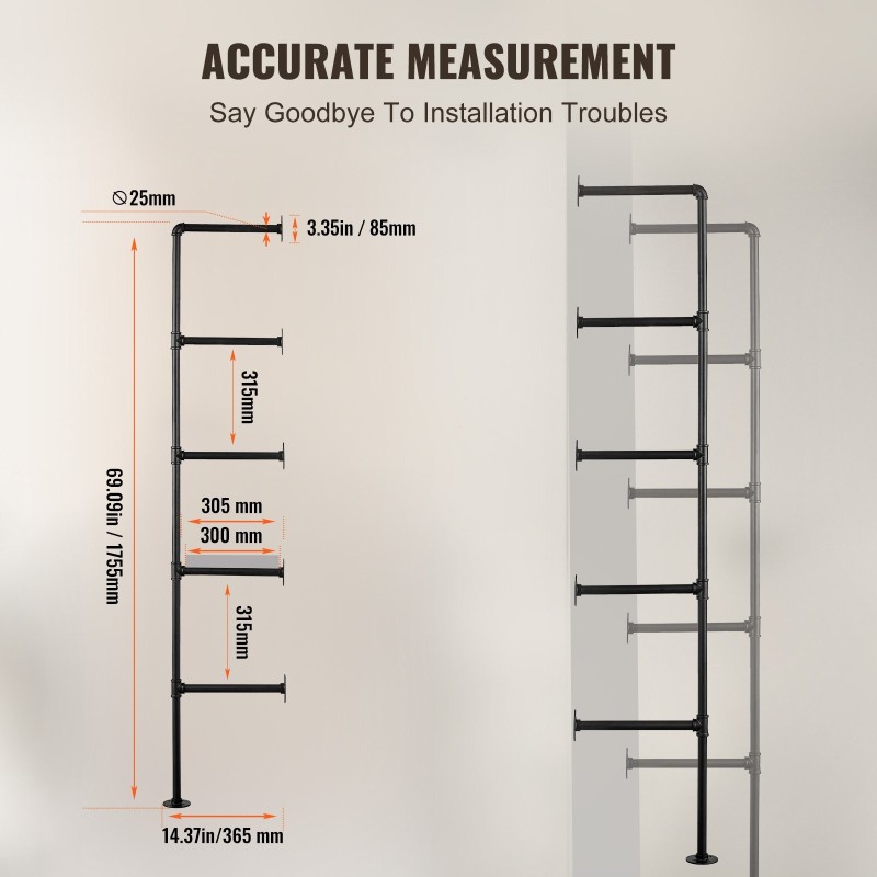 Seinäkiinnitteinen teräsputkihylly viisi tasoa kaksi runkoa kolmesataa millimetriä leveille hyllylevyille