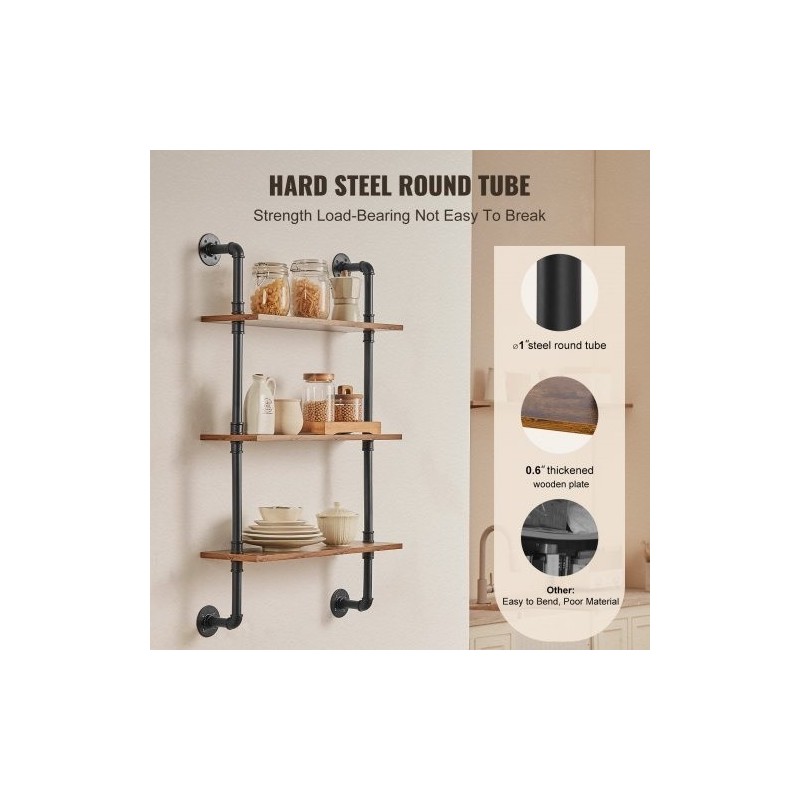 Seinään kiinnitettävä kolmikerroksinen hylly teräsputkirunko P2-kuitulevy 610x200x725 mm