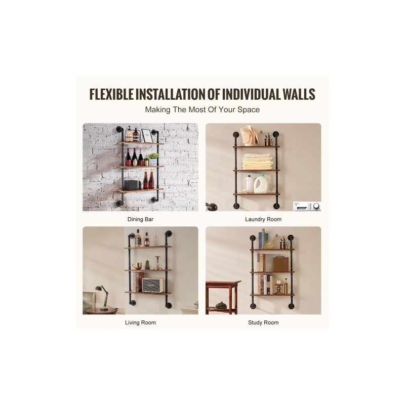 Seinään kiinnitettävä kolmikerroksinen hylly teräsputkirunko P2-kuitulevy 610x200x725 mm