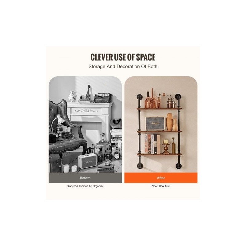 Seinään kiinnitettävä kolmikerroksinen hylly teräsputkirunko P2-kuitulevy 610x200x725 mm