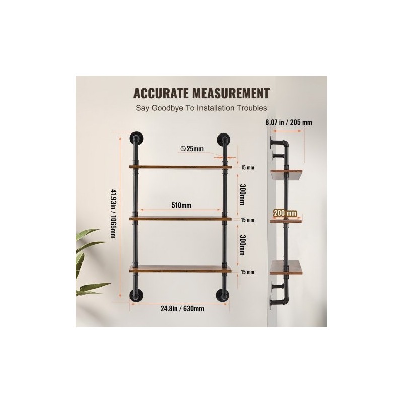 Seinään kiinnitettävä kolmikerroksinen hylly teräsputkirunko P2-kuitulevy 610x200x725 mm