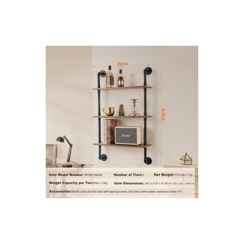 Seinään kiinnitettävä kolmikerroksinen hylly teräsputkirunko P2-kuitulevy 610x200x725 mm