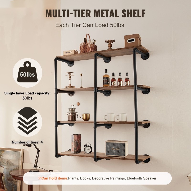 Putkihylly teräs seinäkiinnitteinen 4-kerroksinen 3-osainen 300 mm leveälle musta