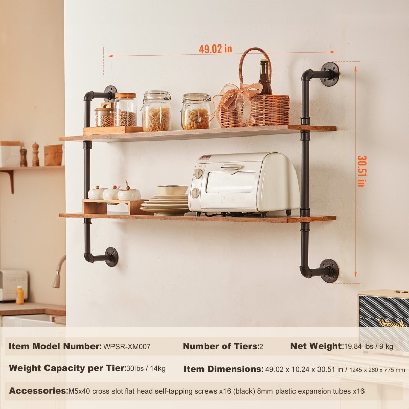 Seinäkiinnitteinen putkihylly kahdella tasolla P2-levy 1220 millimetriä leveä galvanoitu teräsputki musta