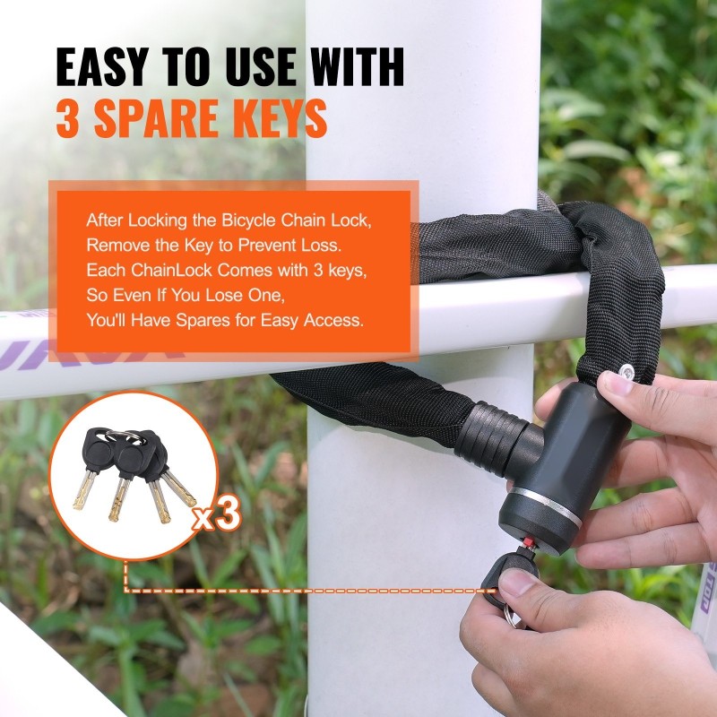 Polkupyörän ketjulukko teräsketju 1200 mm 10 mm avainlukko 3 avainta musta suojakangas