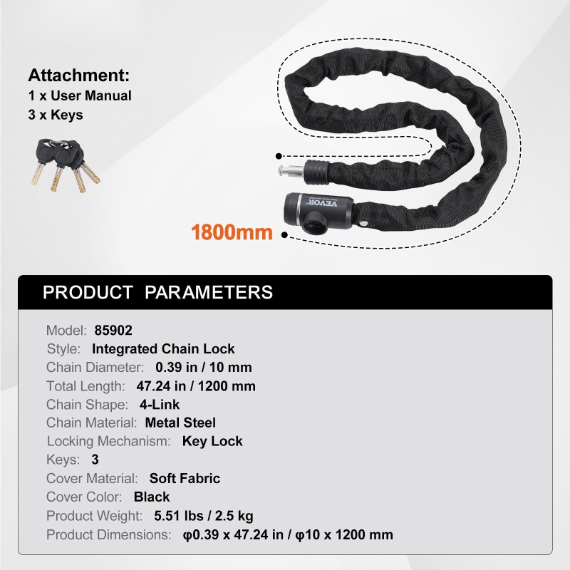 Polkupyörän ketjulukko teräsketju 1200 mm 10 mm avainlukko 3 avainta musta suojakangas