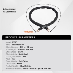 Teräksinen ketjulukko 9,5 mm 1800 mm polkupyörälle moottoripyörälle ja skoottereille musta
