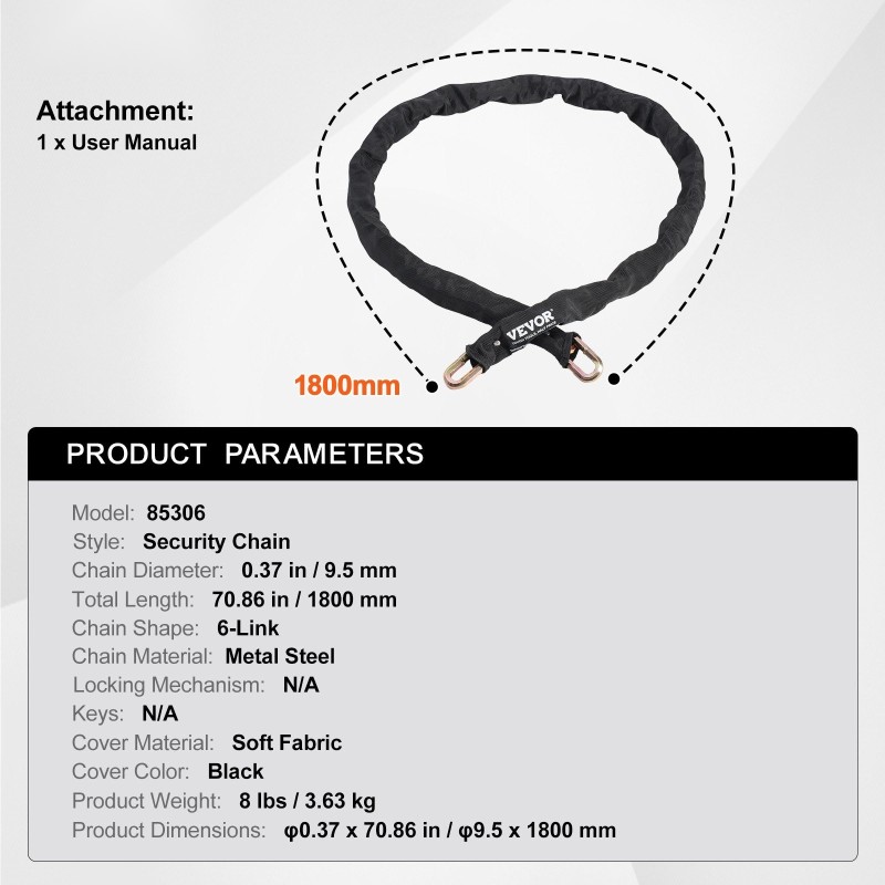 Teräksinen ketjulukko 9,5 mm 1800 mm polkupyörälle moottoripyörälle ja skoottereille musta