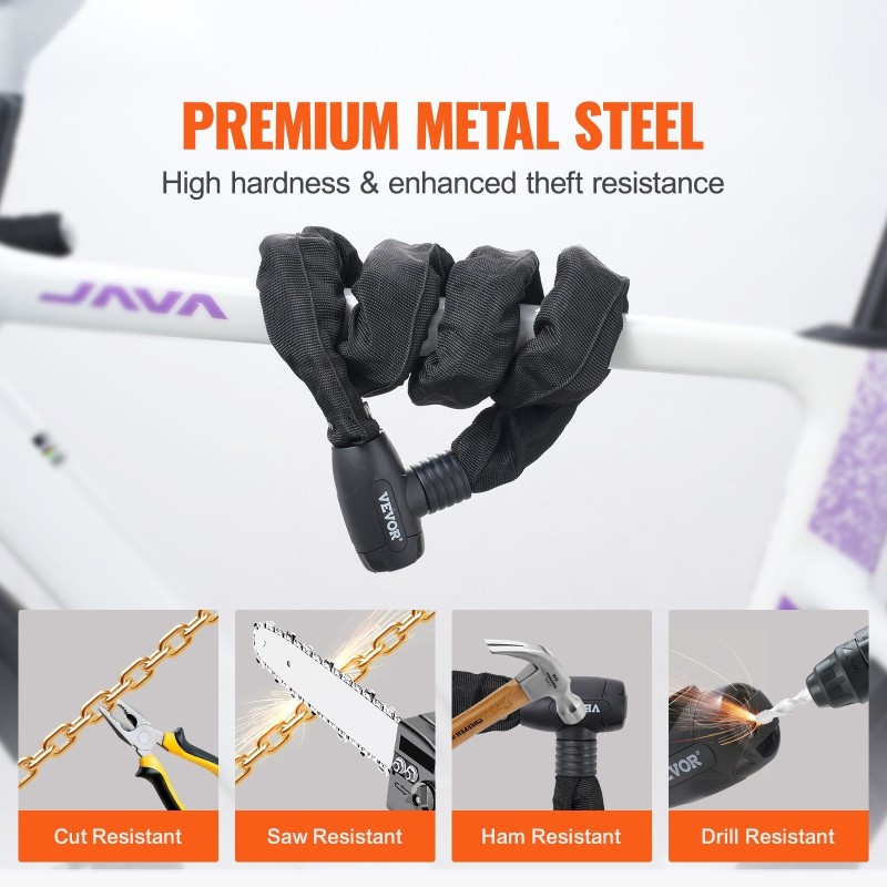 Polkupyörän metalliteräsketjulukko 10 mm halkaisija 182 cm pituus pehmeä suojakangas 4 avainta