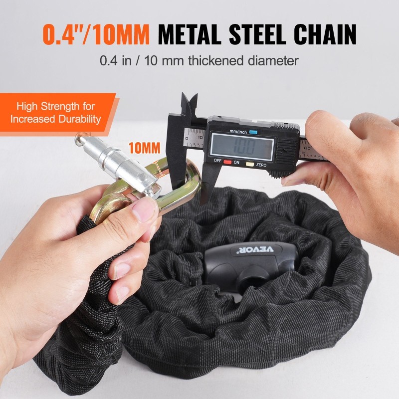 Polkupyörän metalliteräsketjulukko 10 mm halkaisija 182 cm pituus pehmeä suojakangas 4 avainta