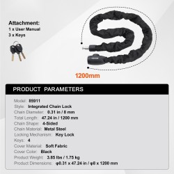 Ketjulukko metalliterästä 8 mm 1200 mm pehmeä päällinen 4 avainta polkupyörälle