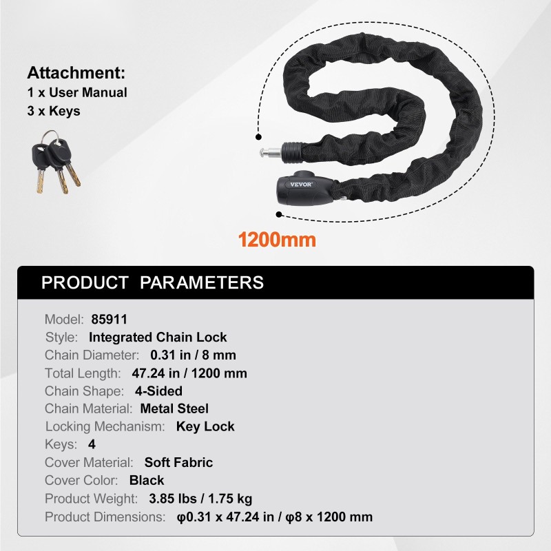 Ketjulukko metalliterästä 8 mm 1200 mm pehmeä päällinen 4 avainta polkupyörälle