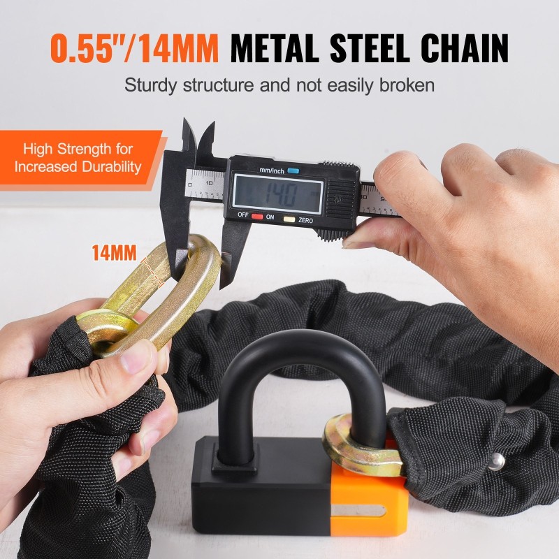 Ketjulukko metalliterästä 14 mm 1000 mm 4 avainta pyörälle ja moottoripyörälle