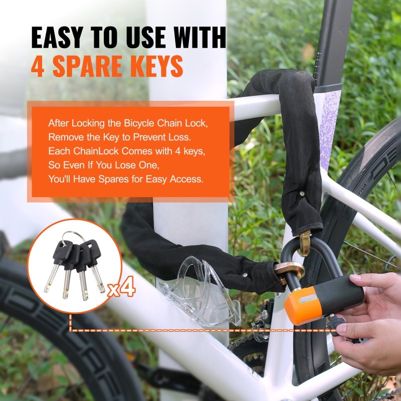 Ketjulukko metalliterästä 14 mm 1000 mm 4 avainta pyörälle ja moottoripyörälle