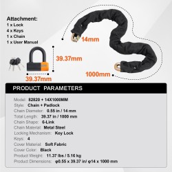 Ketjulukko metalliterästä 14 mm 1000 mm 4 avainta pyörälle ja moottoripyörälle