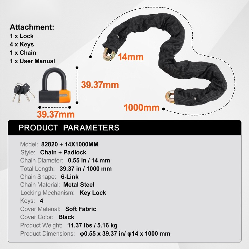 Ketjulukko metalliterästä 14 mm 1000 mm 4 avainta pyörälle ja moottoripyörälle