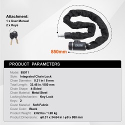 Polkupyörän ketjulukko metalliteräs 880 mm 8 mm avainlukko 2 avainta