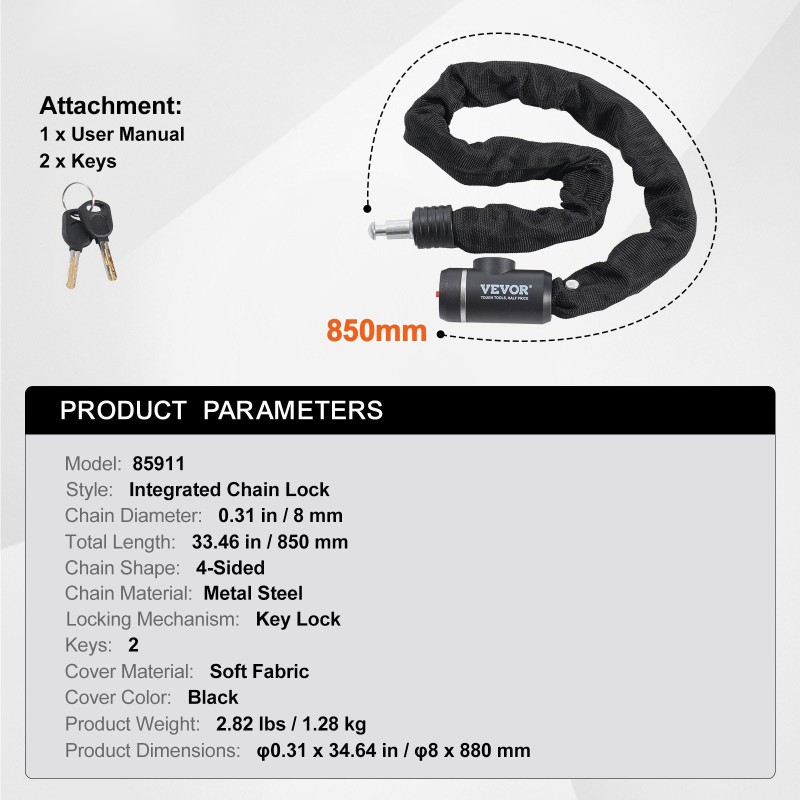 Polkupyörän ketjulukko metalliteräs 880 mm 8 mm avainlukko 2 avainta