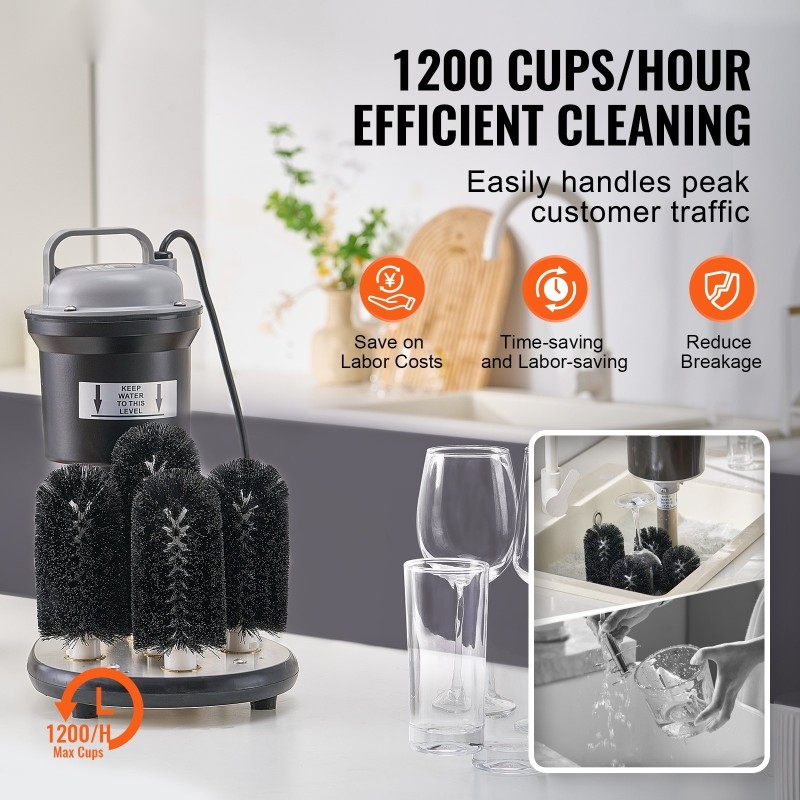 Sähköinen lasinpesukone ruostumaton teräs 5 harjaa 1200 lasia tunnissa 50–70 mm laseille