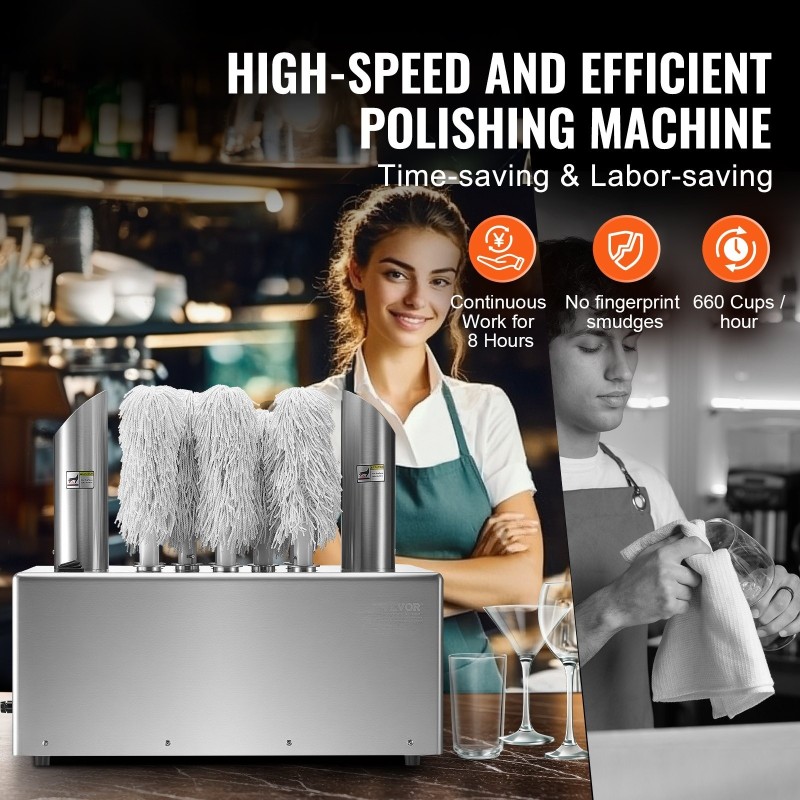 Sähköinen lasinkiillotuskone 8-harjainen 660 kuppia tunnissa lämminilmakuivauksella ammattikeittiöön