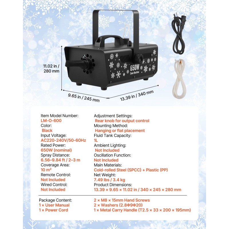 Keinolumikone 650W teräs ja muovi 1 l säiliö ripustettava ja kannettava