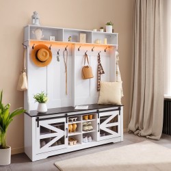 Naulakko penkillä lastulevyä ja metallia 16 kenkäpaikkaa 12 koukkua USB-valonauhalla