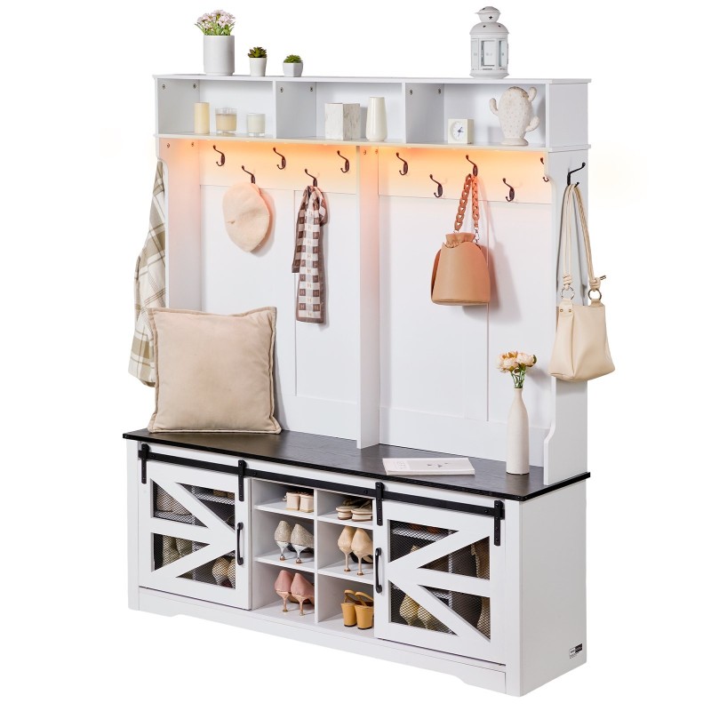 Naulakko penkillä lastulevyä ja metallia 16 kenkäpaikkaa 12 koukkua USB-valonauhalla