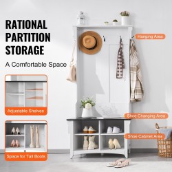 Naulakko penkillä valkoinen lastulevyrunko musta istuin neljä kenkälokeroa viisi koukkua