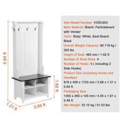 Naulakko penkillä valkoinen lastulevyrunko musta istuin neljä kenkälokeroa viisi koukkua