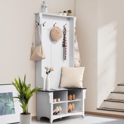 Naulakko penkillä valkoinen lastulevyrunko musta istuin neljä kenkälokeroa viisi koukkua