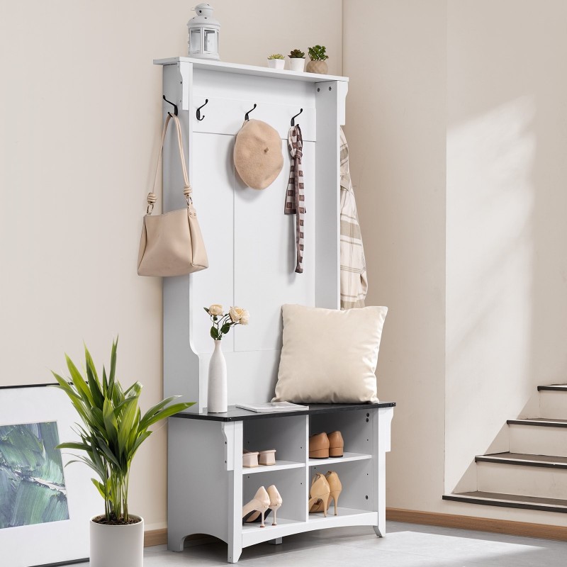 Naulakko penkillä valkoinen lastulevyrunko musta istuin neljä kenkälokeroa viisi koukkua