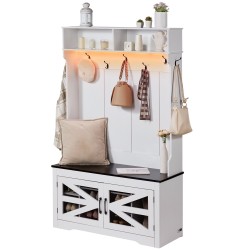 Puinen naulakko penkillä lastulevystä 10 kenkäpaikkaa 7 koukkua USB valonauhalla valkoinen