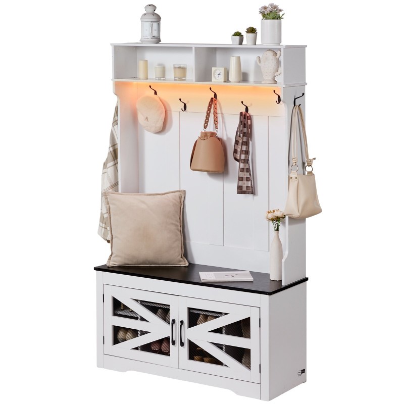 Puinen naulakko penkillä lastulevystä 10 kenkäpaikkaa 7 koukkua USB-valonauhalla valkoinen