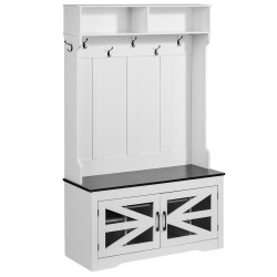 Puinen naulakko penkillä lastulevystä 10 kenkäpaikkaa 7 koukkua USB-valonauhalla valkoinen