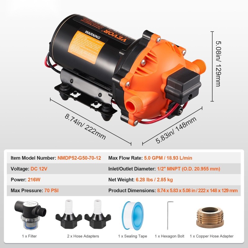Painekalvopumppu 12V 18,9 l/min säädettävä 2,7–6,9 bar 1/2 MNPT kasteluun