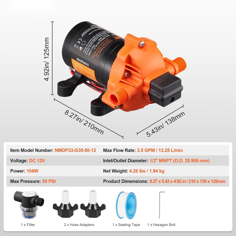 12V painevesipumppu 13,25 l/min 3-kammioinen säädettävä paine 40–100 PSI 1/2 tuuman MNPT-liitännät